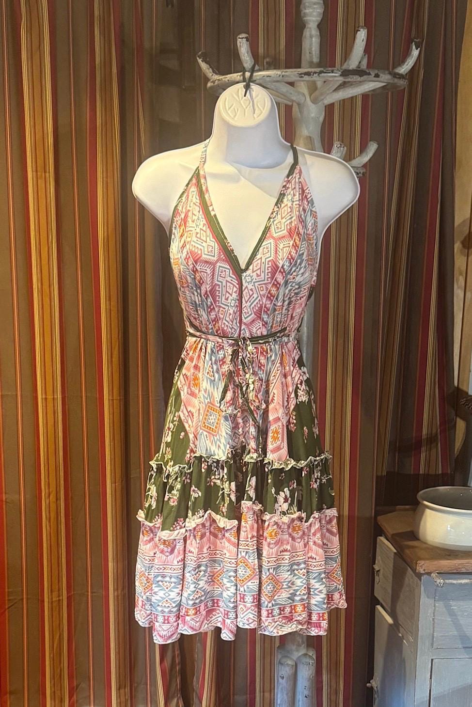 Boho Ruffle Dress, Hippie Dress, Open back Dress, Bohemian Festival Ethnic Dress, Boho Dress, Beach Halter Ruffle Dress Gypsy Boho Dress