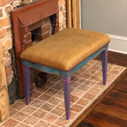 Vintage Vanity Rustic Bench, Hand painted Antique Bench, old Mid Century Farm house chalk painted bench, Burlap Upholstered vintage stool