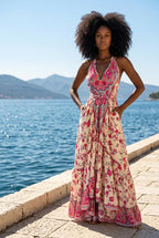 Boho Ruffle Long Dress, Hippie Dress, Open back Dress, Bohemian Festival Ethnic Dress, Boho Chic Dress, Beach Halter Ruffle Gypsy Dress