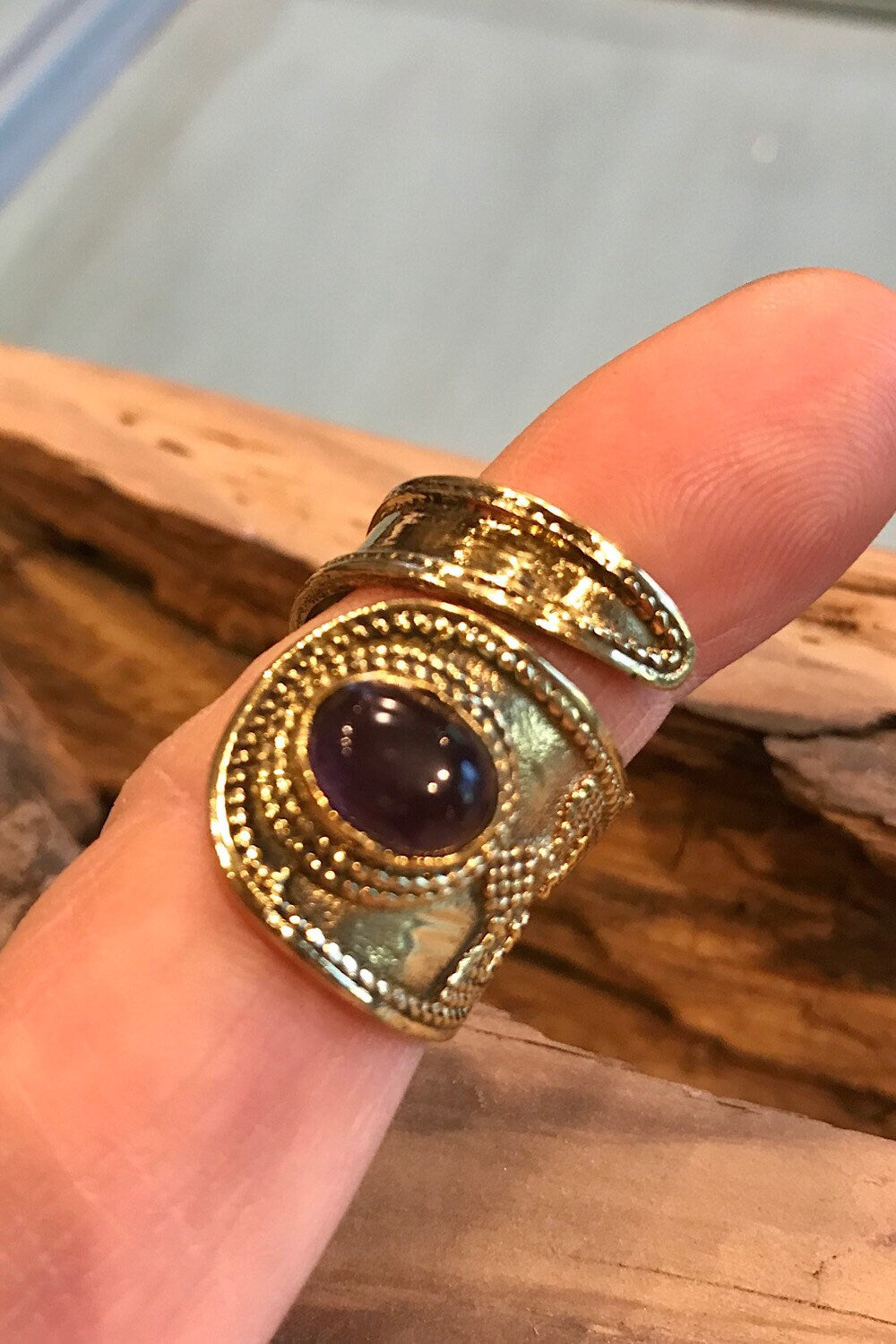Purple Amethyst Gemstone Ring, Brass Ring, Adjustable Boho Ring, Tribal Jewelry, Gypsy Rings, Crystal Stone Ring, Statement Spiritual Ring