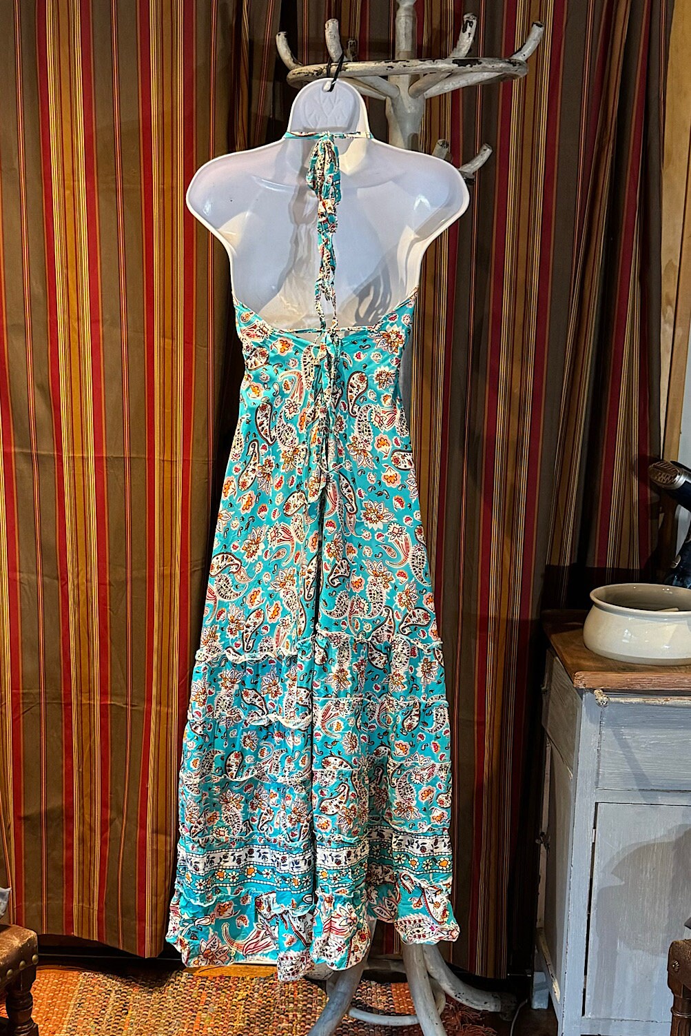 Boho Long Ruffle Dress, Hippie Dress, Open back Dress, Bohemian Festival Ethnic Dress, Boho Dress, Beach Halter Ruffle Boho Gypsy Dress