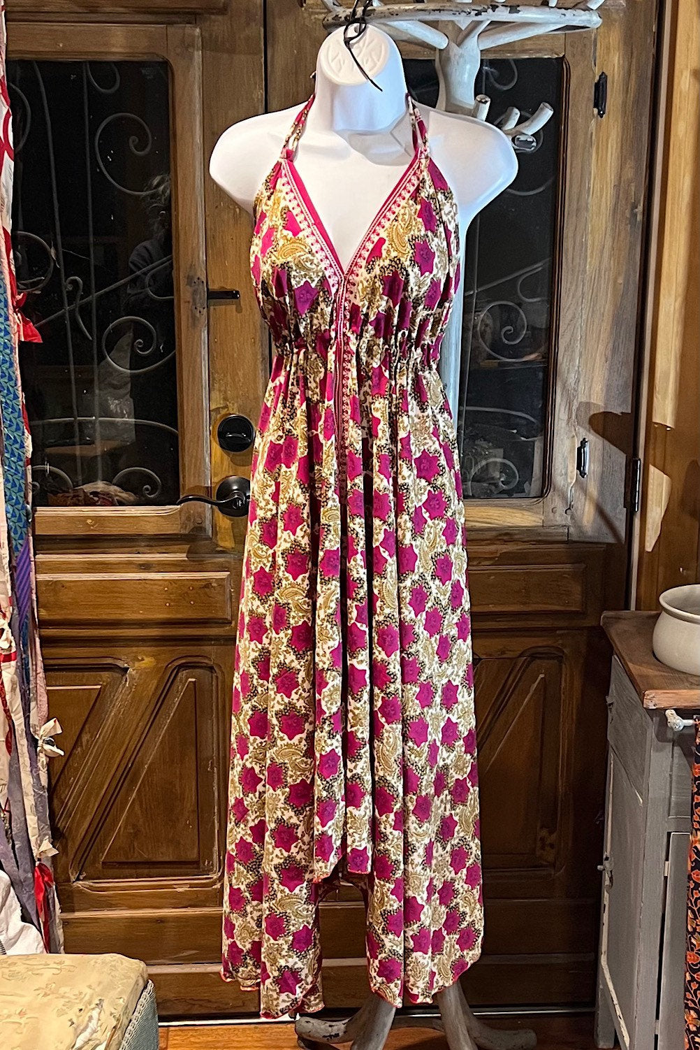 Boho Silk Dress, Bohemian Halter, Dress Ethnic Beach Dress, Festival Dress, Hippie Dress, Vintage Recycled Silk Dress, Boho Chic Gypsy Dress