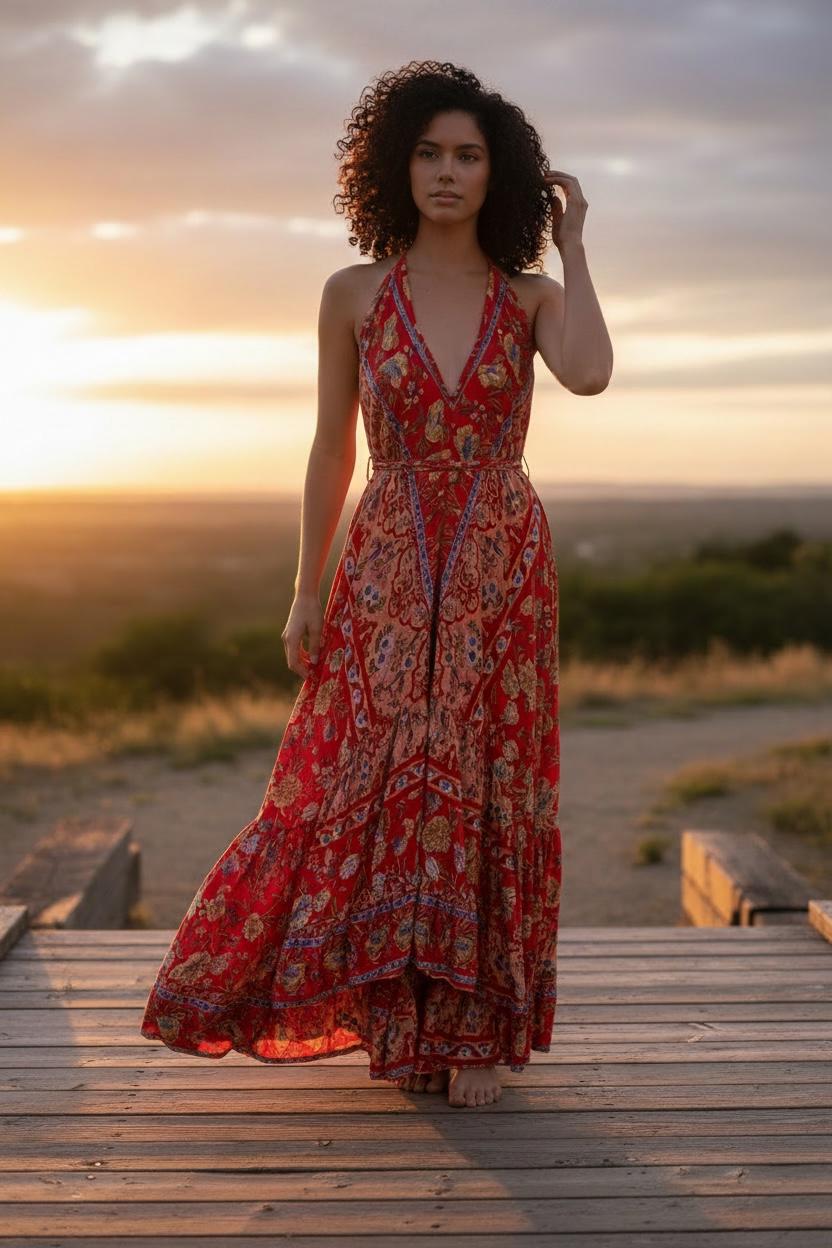 Red Rayon Boho Dress: Halter Ruffle Bohemian Maxi