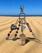 Quartz Crystal and Turtle Bag Charm - Beachy Coastal Keychain - Tropical Travel Purse Keyring - Vintage Jewelry Eclectic Gift for Her