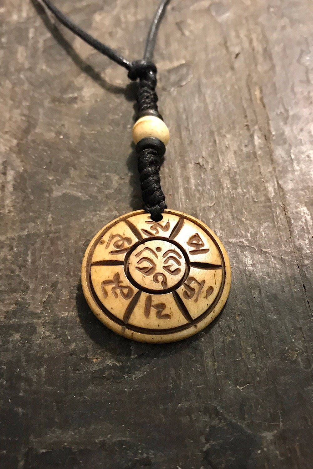 Carved Bone Pendant Necklace/ Chakra Necklace/ BoHo Bone Necklace/ Mantra Pendant/ Festival Jewelry/ Bone Pendant/ Spiritual Jewelry Gifts