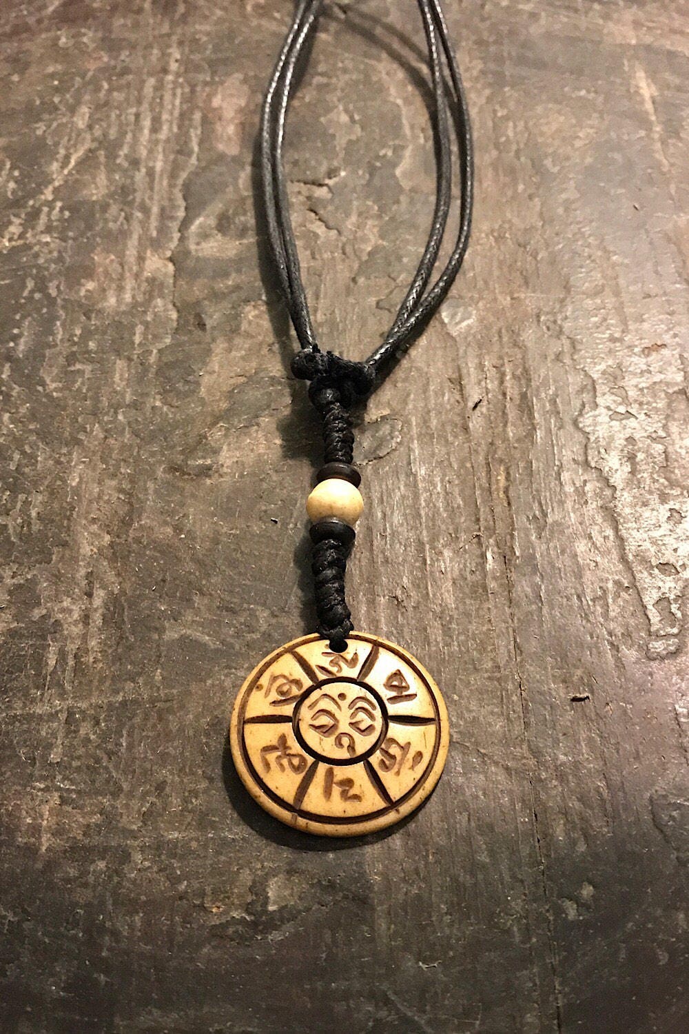Carved Bone Pendant Necklace/ Chakra Necklace/ BoHo Bone Necklace/ Mantra Pendant/ Festival Jewelry/ Bone Pendant/ Spiritual Jewelry Gifts