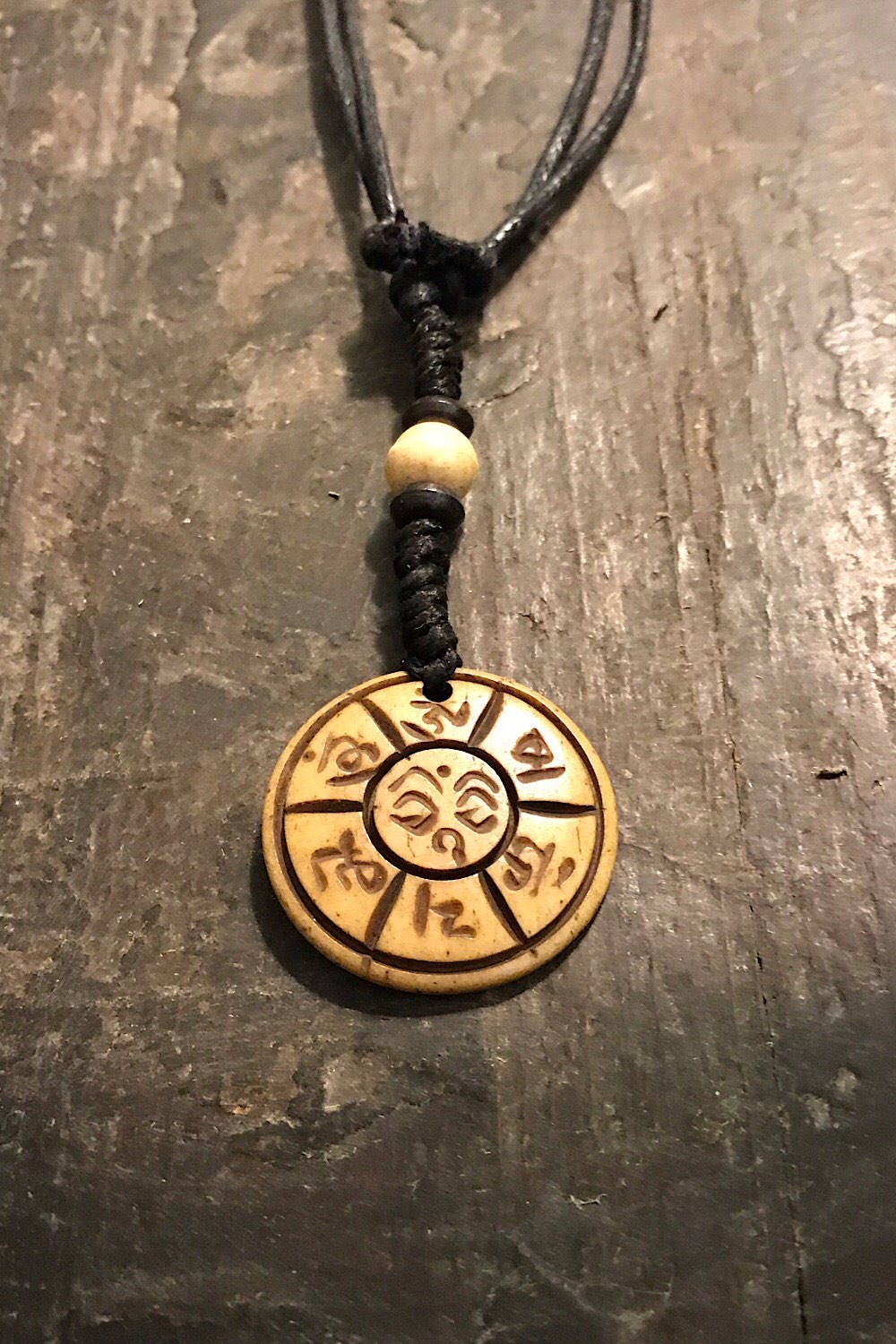 Carved Bone Pendant Necklace/ Chakra Necklace/ BoHo Bone Necklace/ Mantra Pendant/ Festival Jewelry/ Bone Pendant/ Spiritual Jewelry Gifts