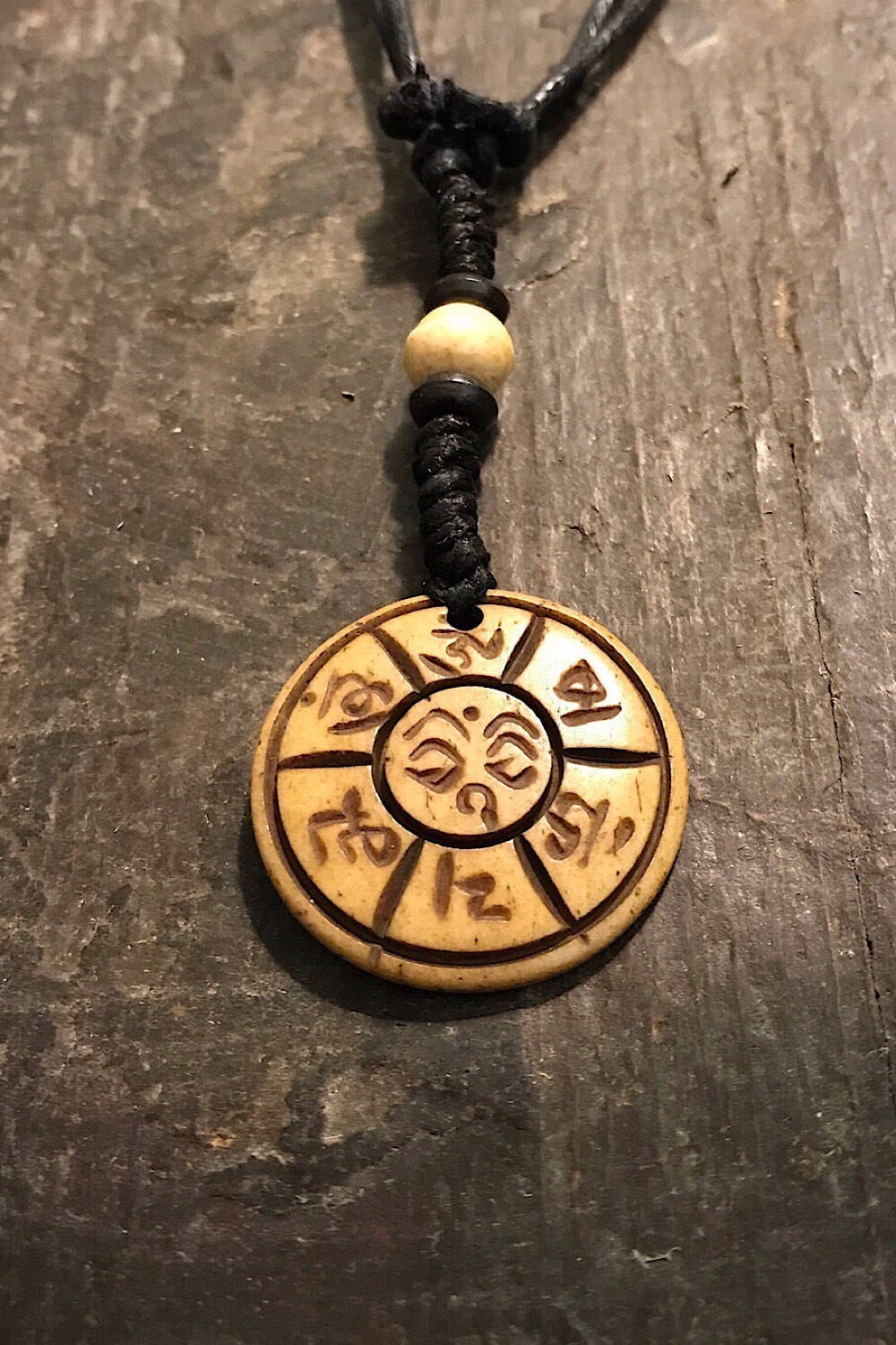 Carved Bone Pendant Necklace/ Chakra Necklace/ BoHo Bone Necklace/ Mantra Pendant/ Festival Jewelry/ Bone Pendant/ Spiritual Jewelry Gifts