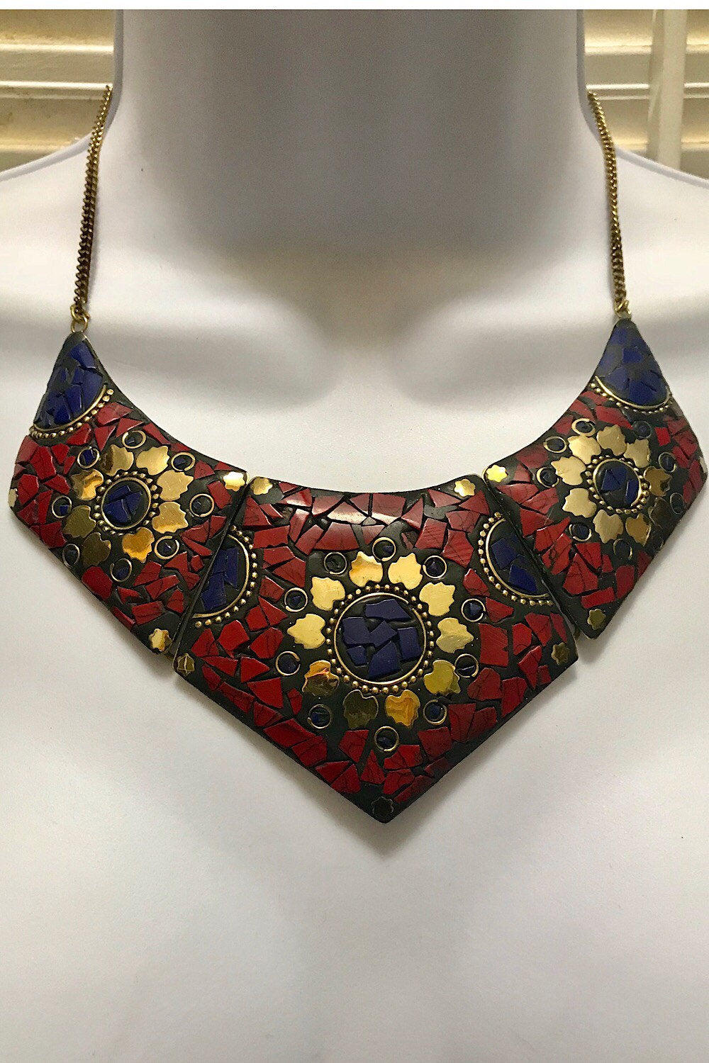 Mosaic necklace/ Egyptian Brass necklace/ Red Coral Necklace/ choker Necklace/Statement Necklace/ Mosaic Jewelry/Tribal Necklace
