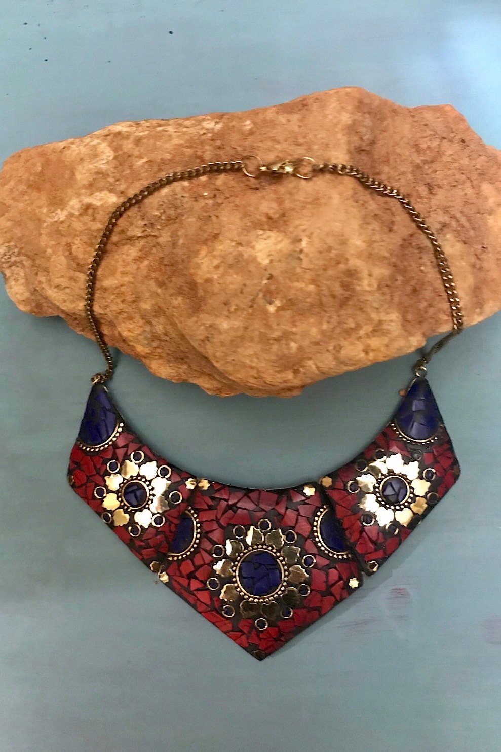 Mosaic necklace/ Egyptian Brass necklace/ Red Coral Necklace/ choker Necklace/Statement Necklace/ Mosaic Jewelry/Tribal Necklace