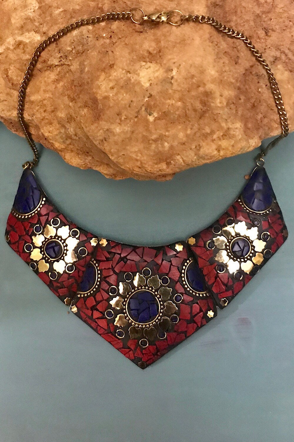 Mosaic necklace/ Egyptian Brass necklace/ Red Coral Necklace/ choker Necklace/Statement Necklace/ Mosaic Jewelry/Tribal Necklace