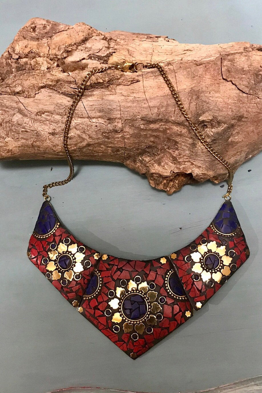 Mosaic necklace/ Egyptian Brass necklace/ Red Coral Necklace/ choker Necklace/Statement Necklace/ Mosaic Jewelry/Tribal Necklace