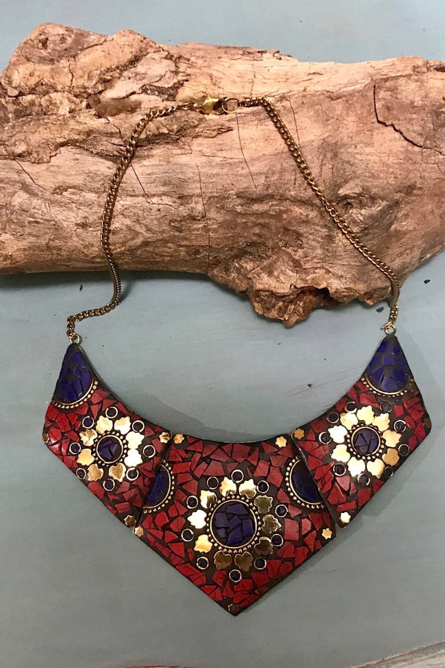 Mosaic necklace/ Egyptian Brass necklace/ Red Coral Necklace/ choker Necklace/Statement Necklace/ Mosaic Jewelry/Tribal Necklace