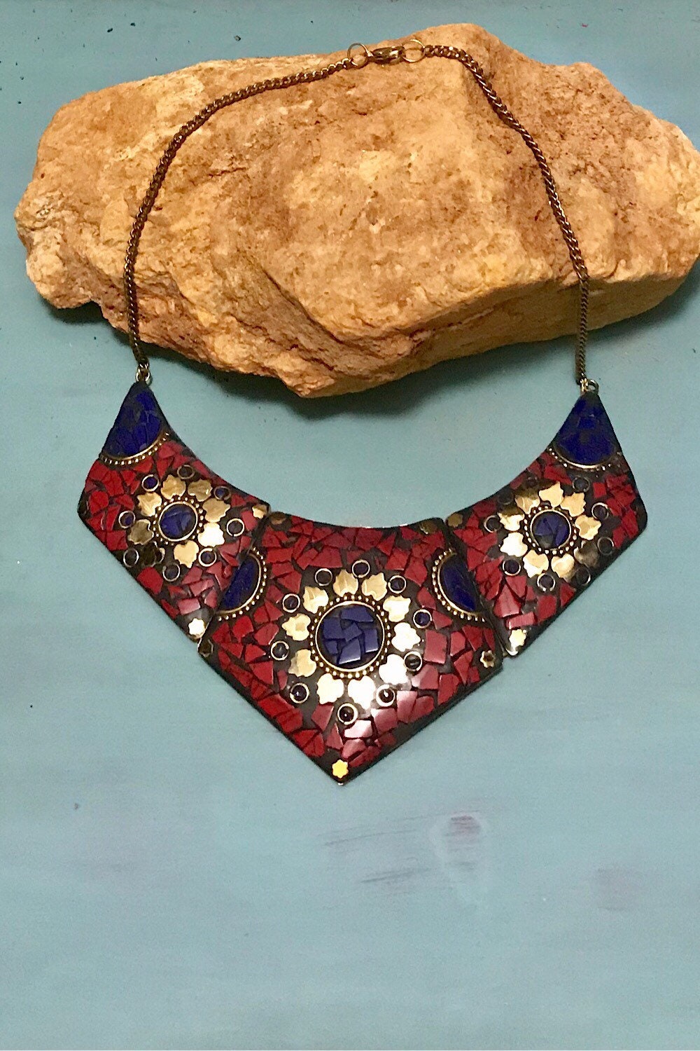 Mosaic necklace/ Egyptian Brass necklace/ Red Coral Necklace/ choker Necklace/Statement Necklace/ Mosaic Jewelry/Tribal Necklace