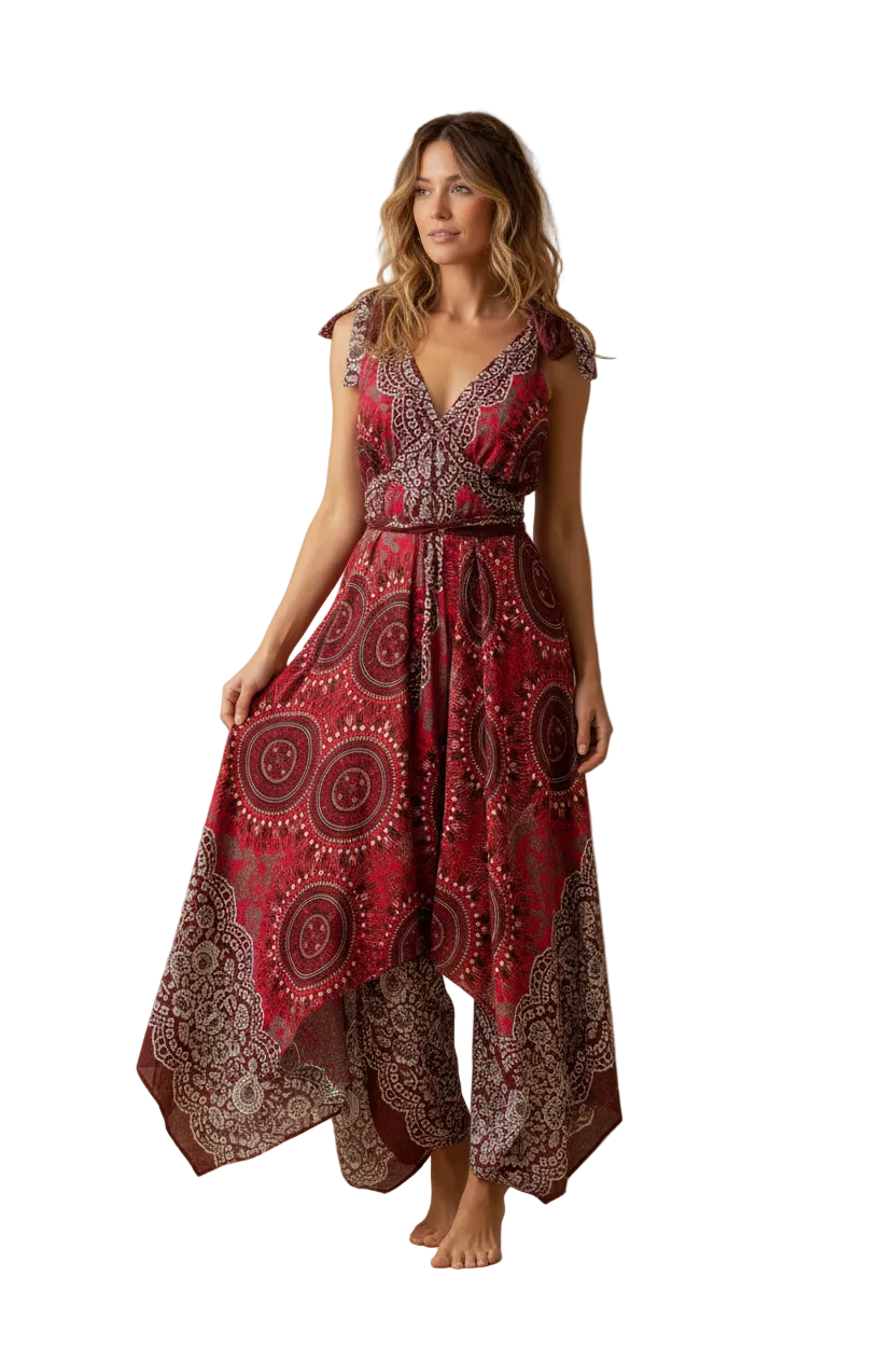 Maroon Rayon Boho Jumpsuit: Loose Fit Festival Romper