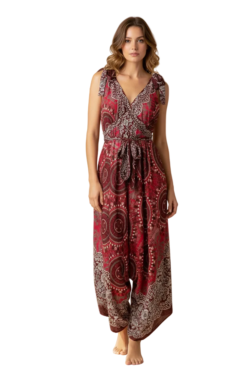 Maroon Rayon Boho Jumpsuit: Loose Fit Festival Romper