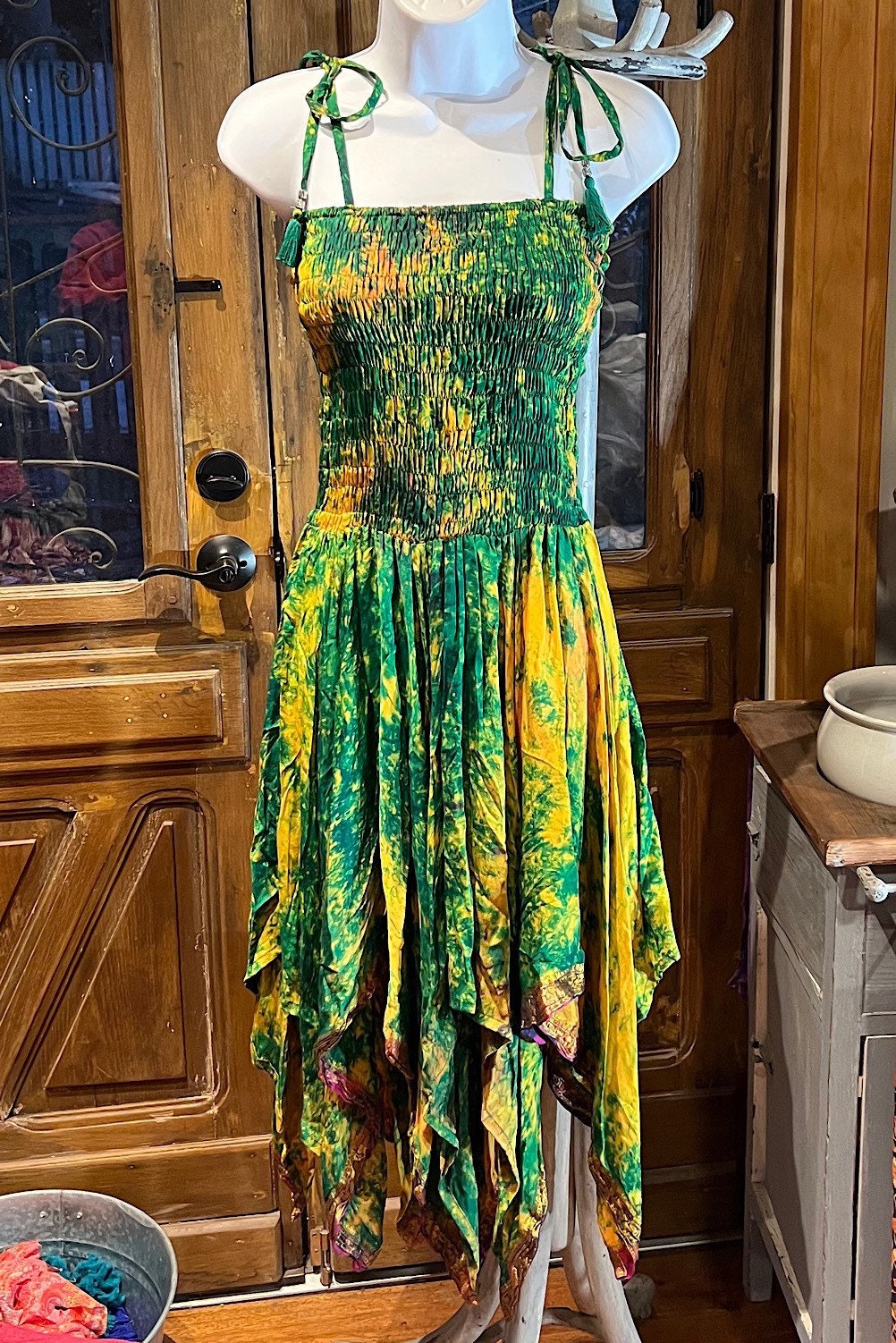 Bohemian Dress, Tie Dye Vintage Sari Silk Bohemian Boho Chic Festival Ethnic Hippie Summer dress, Gypsy Dress, Fairy Beach Boho Dress,