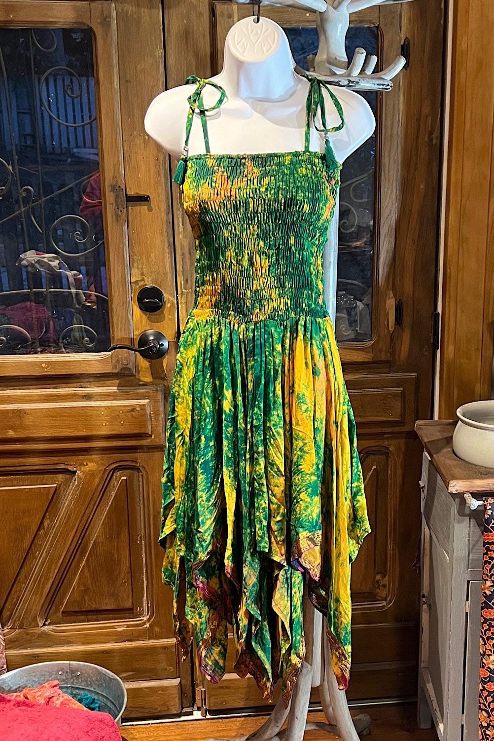 Bohemian Dress, Tie Dye Vintage Sari Silk Bohemian Boho Chic Festival Ethnic Hippie Summer dress, Gypsy Dress, Fairy Beach Boho Dress,