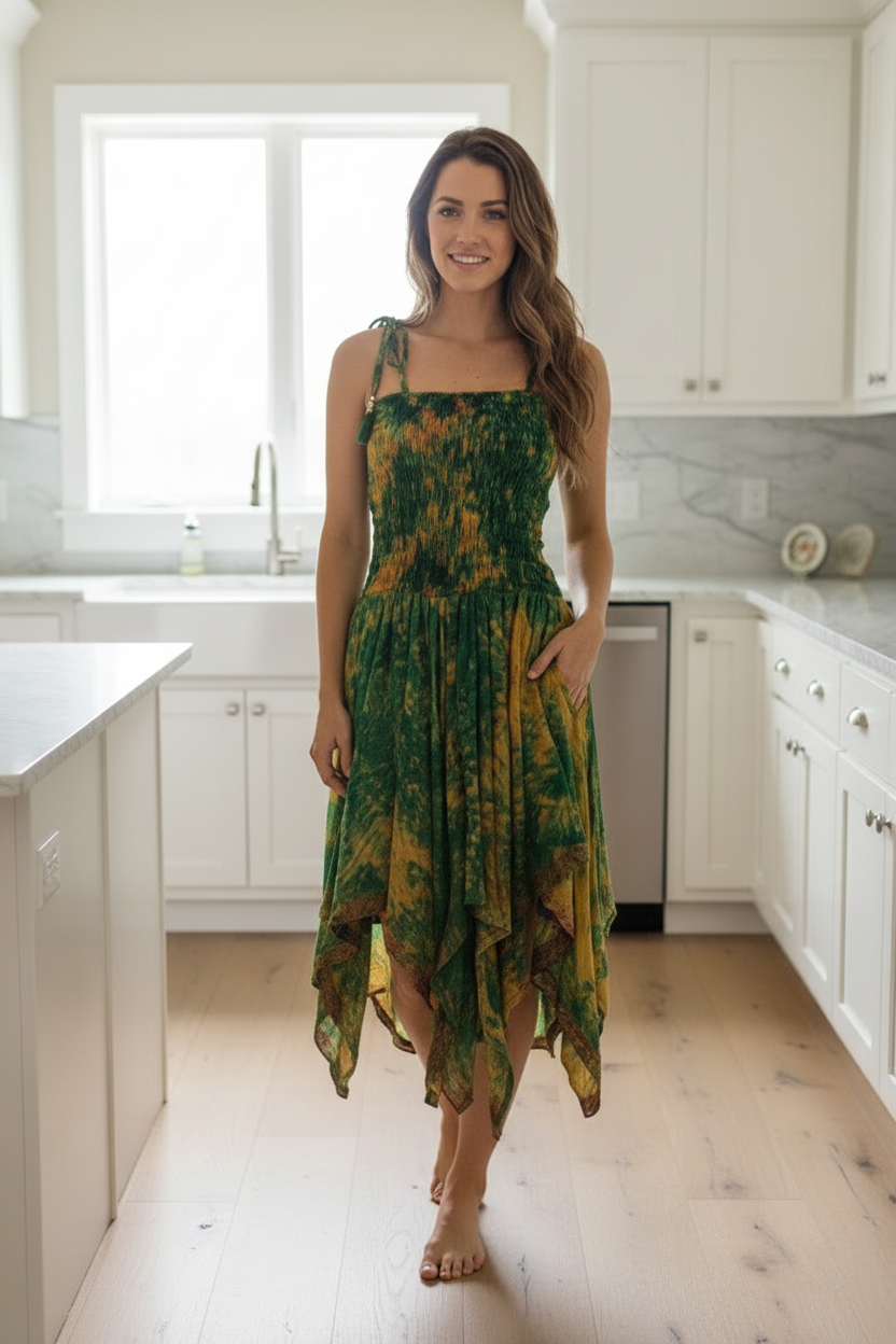 Bohemian Dress,  Tie Dye Vintage Sari Silk Bohemian Boho Chic Festival Ethnic Hippie Summer dress, Gypsy Dress, Fairy Beach Boho Dress,