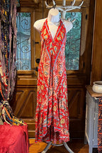 Red Rayon Boho Dress: Halter Ruffle Bohemian Maxi