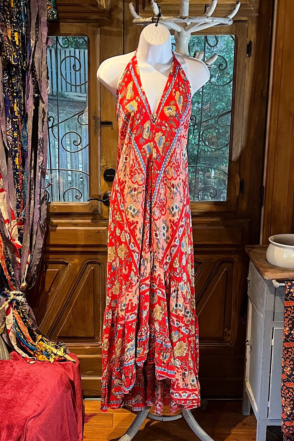 Red Rayon Boho Dress: Halter Ruffle Bohemian Maxi
