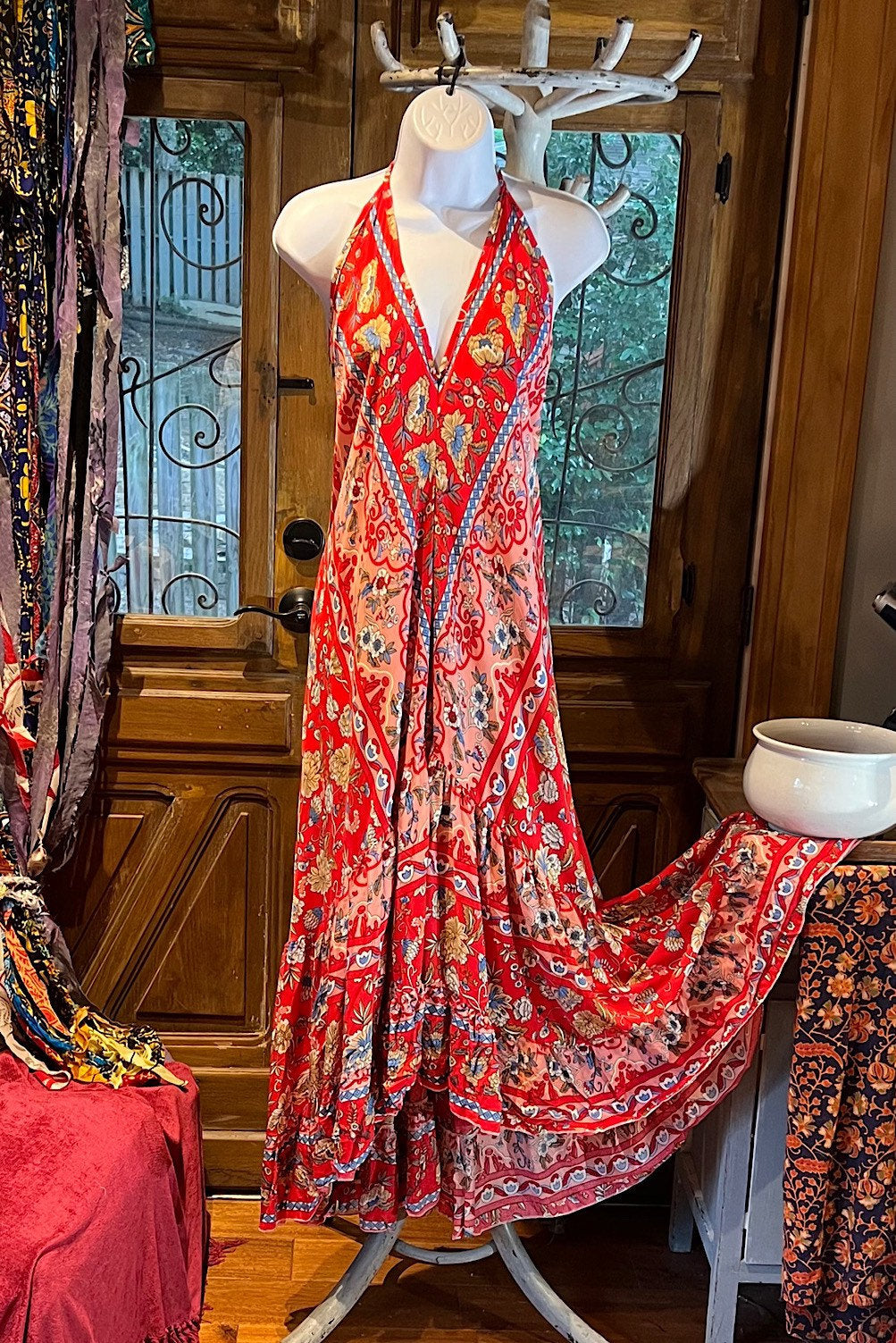 Red Rayon Boho Dress: Halter Ruffle Bohemian Maxi