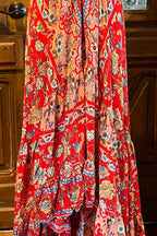 Red Rayon Boho Dress: Halter Ruffle Bohemian Maxi