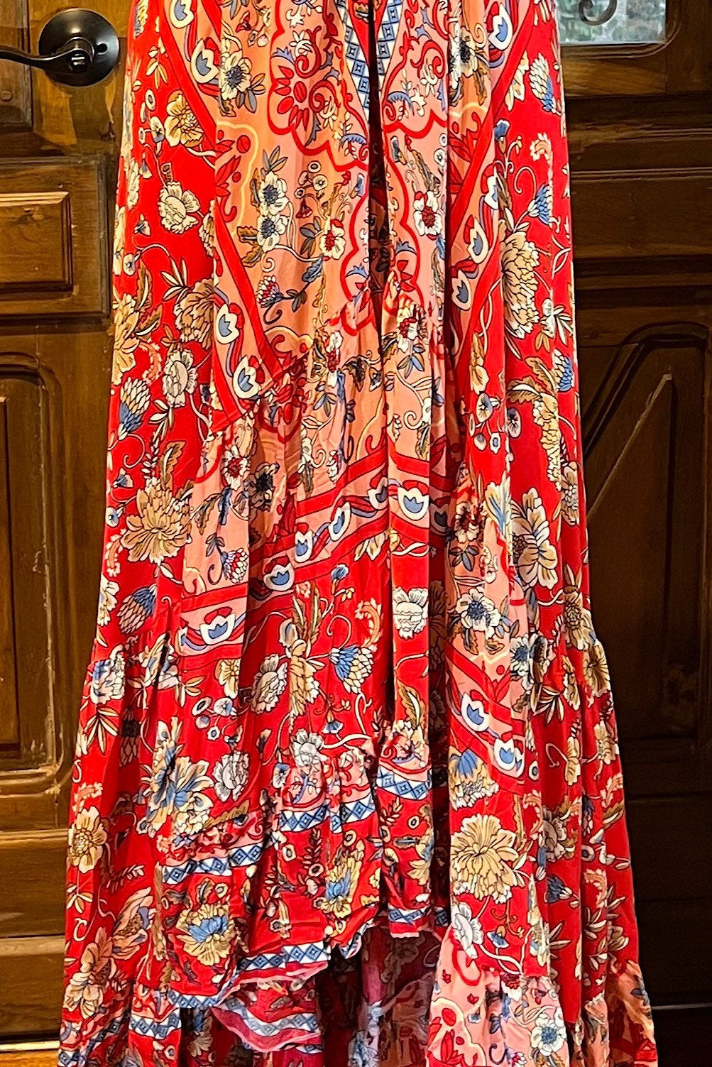 Red Rayon Boho Dress: Halter Ruffle Bohemian Maxi
