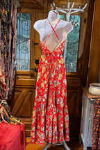 Red Rayon Boho Dress: Halter Ruffle Bohemian Maxi