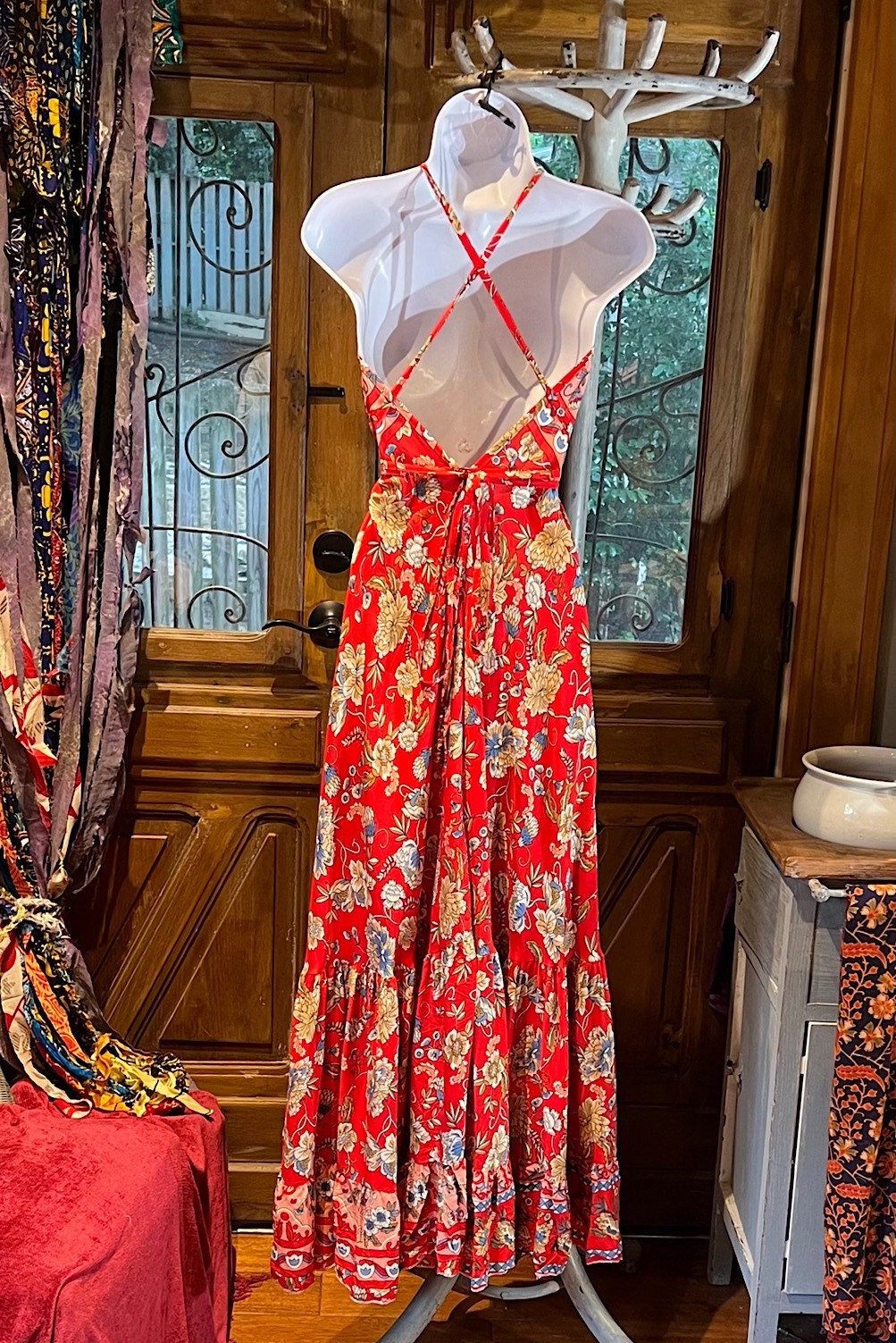 Red Rayon Boho Dress: Halter Ruffle Bohemian Maxi