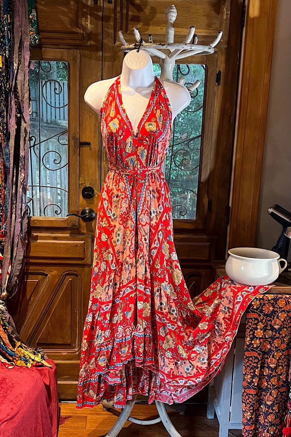 Red Rayon Boho Dress: Halter Ruffle Bohemian Maxi