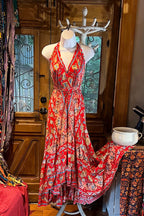Red Rayon Boho Dress: Halter Ruffle Bohemian Maxi