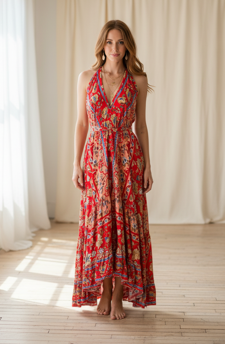 Red Rayon Boho Dress: Halter Ruffle Bohemian Maxi
