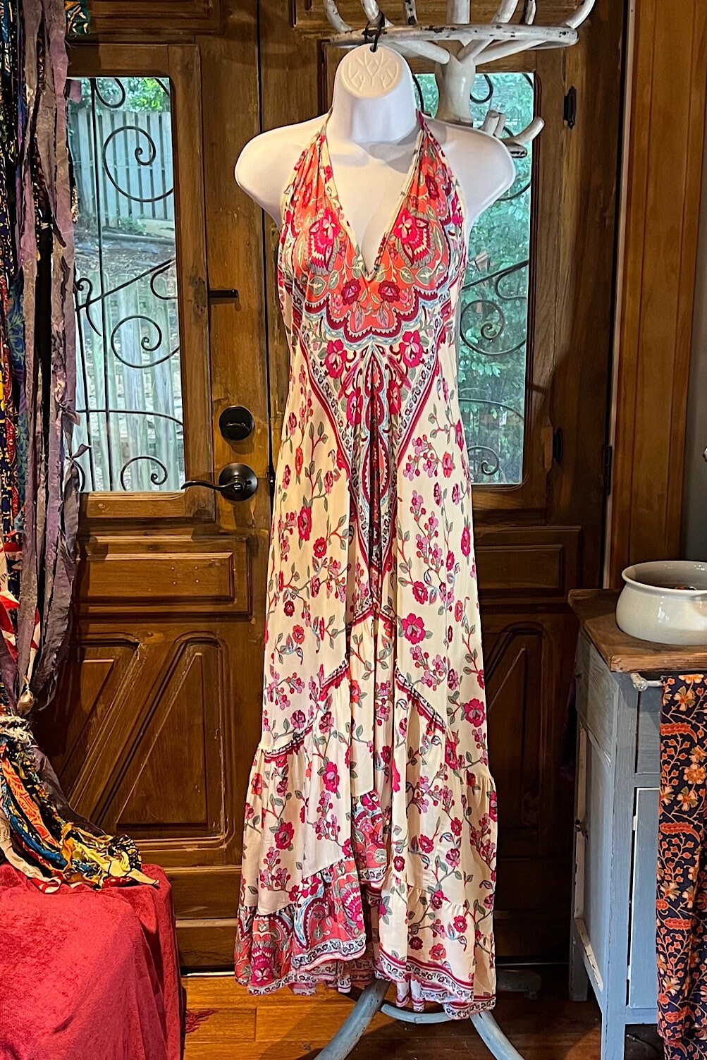 Boho Ruffle Long Dress, Hippie Dress, Open back Dress, Bohemian Festival Ethnic Dress, Boho Chic Dress, Beach Halter Ruffle Gypsy Dress