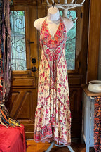 Boho Ruffle Long Dress, Hippie Dress, Open back Dress, Bohemian Festival Ethnic Dress, Boho Chic Dress, Beach Halter Ruffle Gypsy Dress