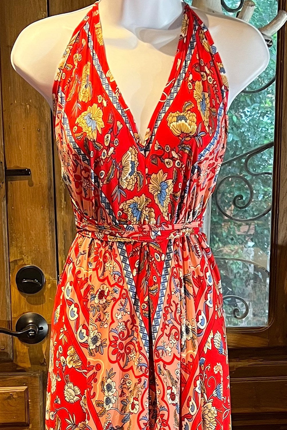 Red Rayon Boho Dress: Halter Ruffle Bohemian Maxi