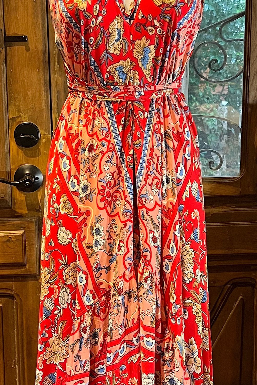 Red Rayon Boho Dress: Halter Ruffle Bohemian Maxi