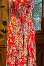 Red Rayon Boho Dress: Halter Ruffle Bohemian Maxi