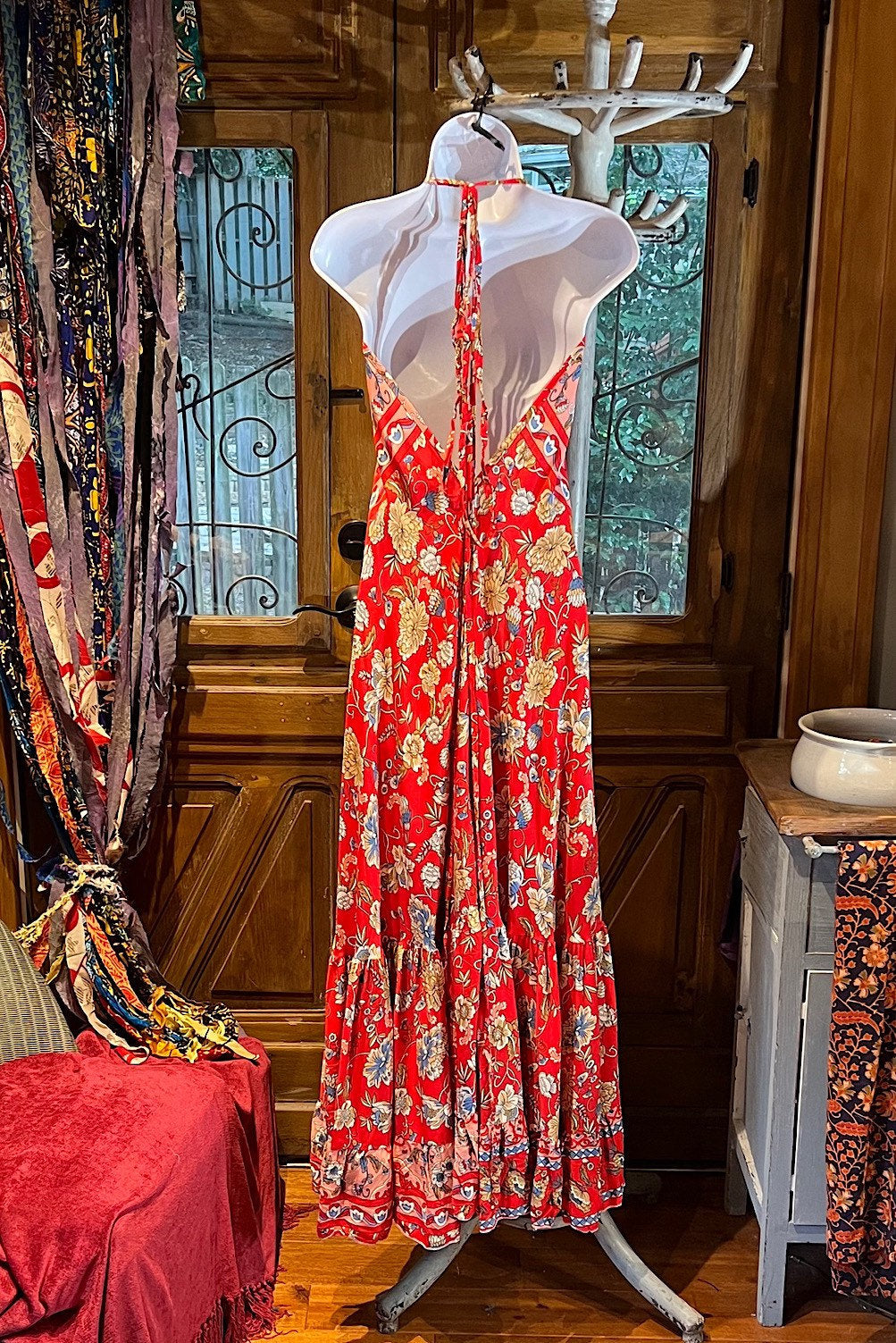Red Rayon Boho Dress: Halter Ruffle Bohemian Maxi