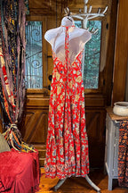 Red Rayon Boho Dress: Halter Ruffle Bohemian Maxi