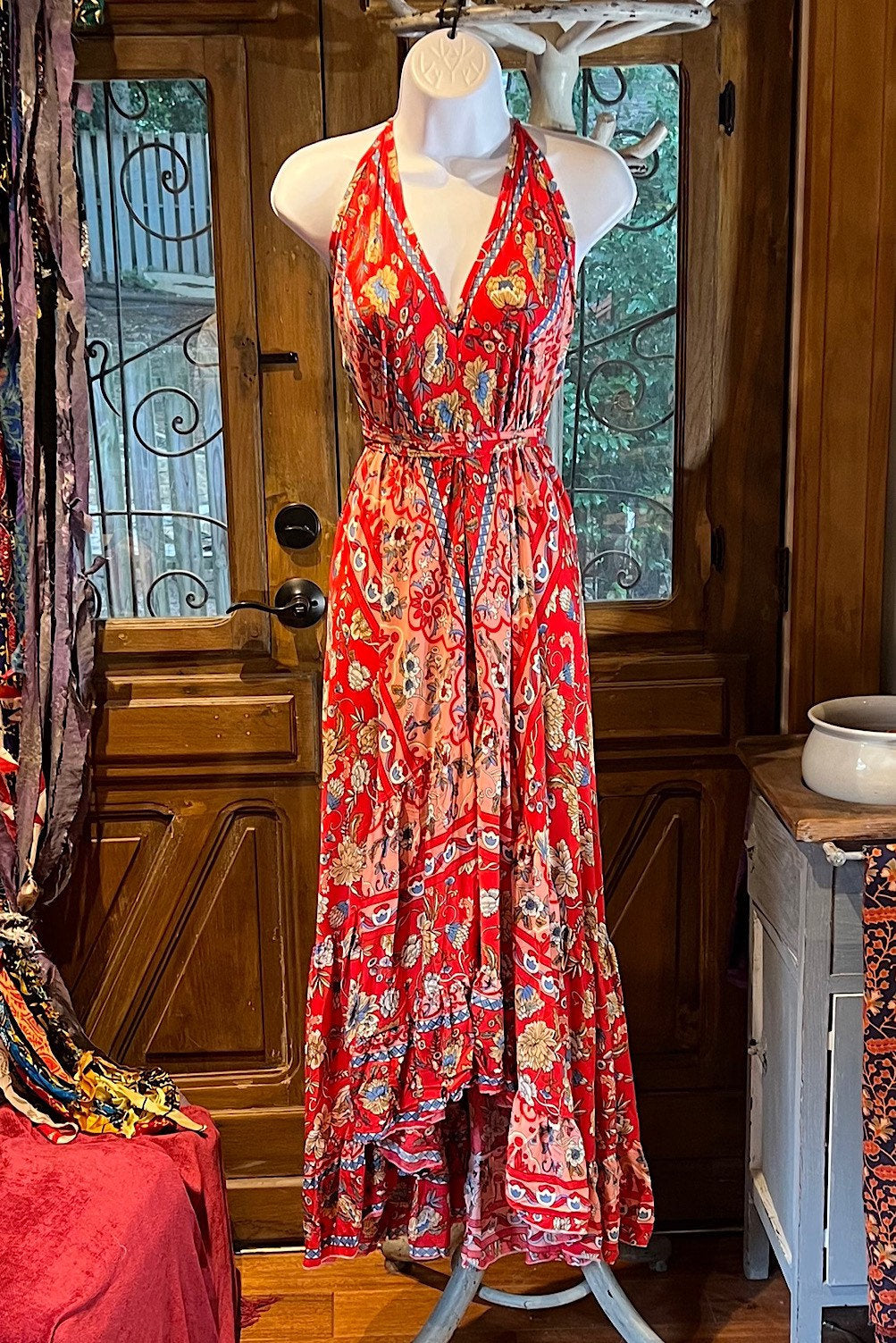 Red Rayon Boho Dress: Halter Ruffle Bohemian Maxi