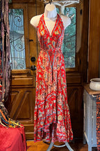 Red Rayon Boho Dress: Halter Ruffle Bohemian Maxi