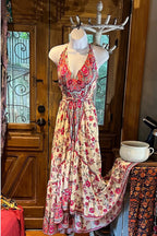 Boho Ruffle Long Dress, Hippie Dress, Open back Dress, Bohemian Festival Ethnic Dress, Boho Chic Dress, Beach Halter Ruffle Gypsy Dress