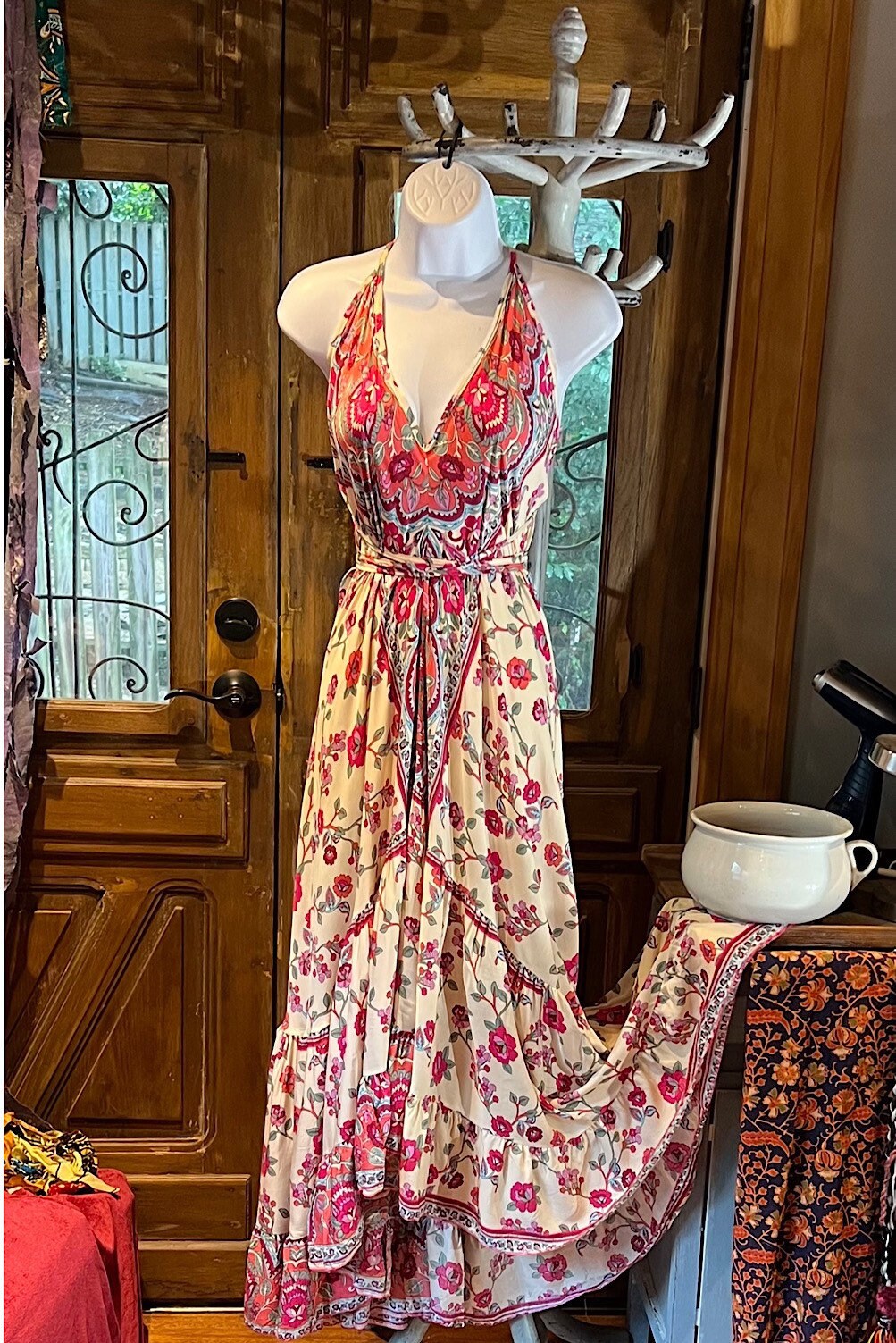 Boho Ruffle Long Dress, Hippie Dress, Open back Dress, Bohemian Festival Ethnic Dress, Boho Chic Dress, Beach Halter Ruffle Gypsy Dress