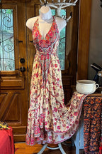 Boho Ruffle Long Dress, Hippie Dress, Open back Dress, Bohemian Festival Ethnic Dress, Boho Chic Dress, Beach Halter Ruffle Gypsy Dress