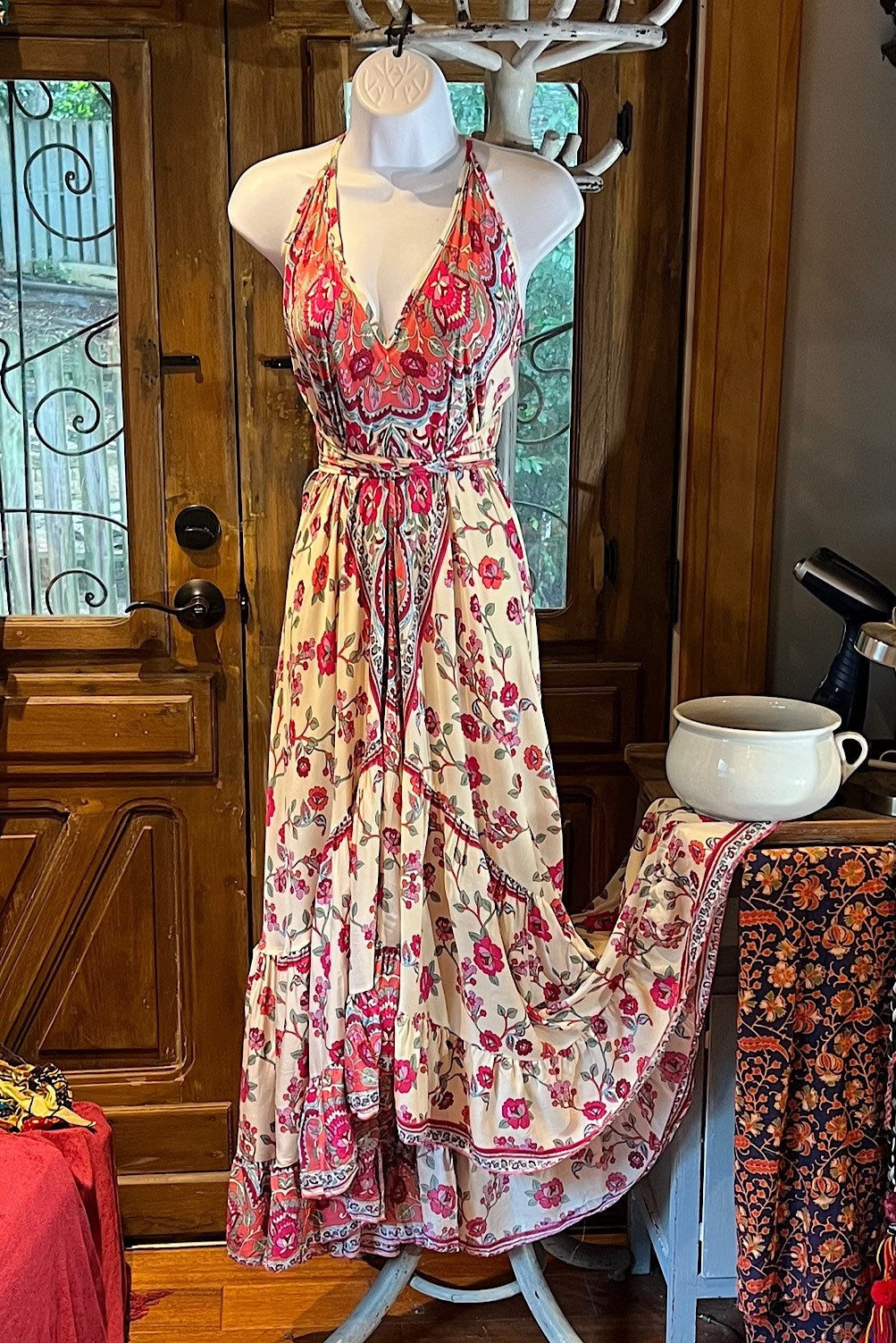 Boho Ruffle Long Dress, Hippie Dress, Open back Dress, Bohemian Festival Ethnic Dress, Boho Chic Dress, Beach Halter Ruffle Gypsy Dress