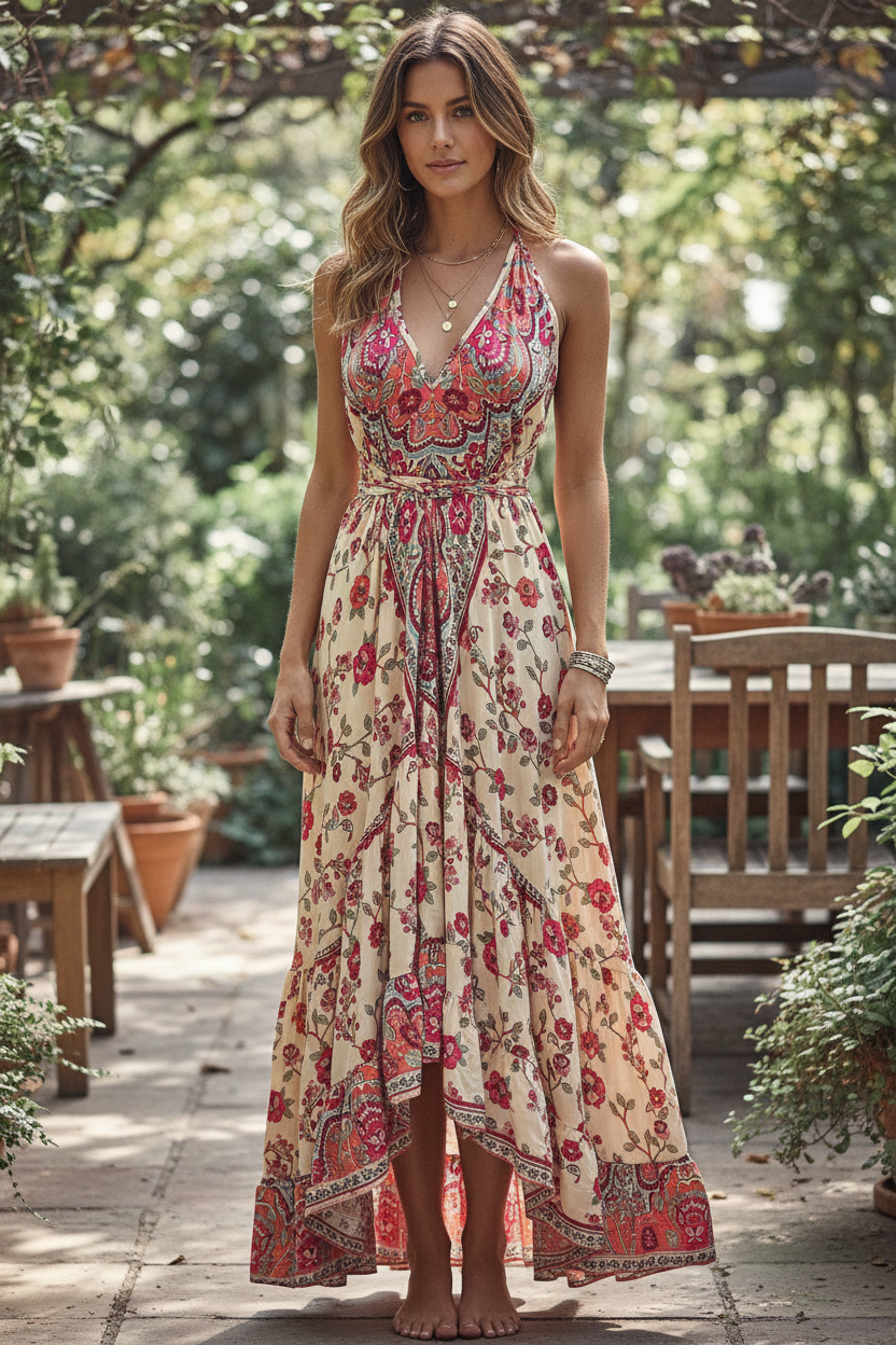Boho Ruffle Long Dress, Hippie Dress, Open back Dress, Bohemian Festival Ethnic Dress, Boho Chic Dress, Beach Halter Ruffle Gypsy Dress