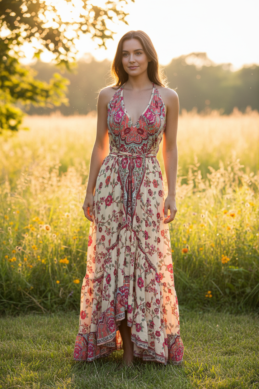 Boho Ruffle Long Dress, Hippie Dress, Open back Dress, Bohemian Festival Ethnic Dress, Boho Chic Dress, Beach Halter Ruffle Gypsy Dress