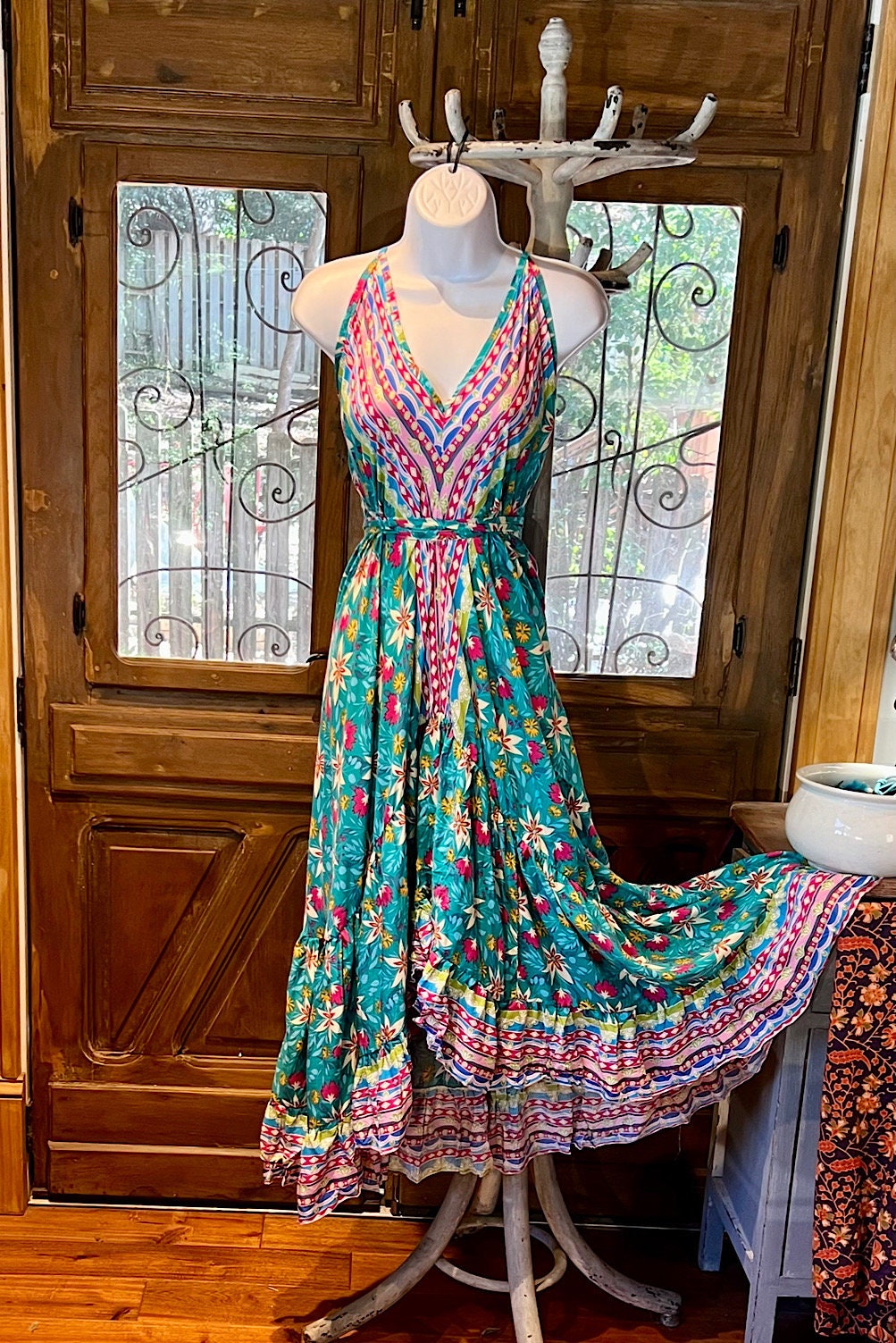 Boho Ruffle Long Dress, Hippie Dress, Open back Dress, Bohemian Festival Ethnic Dress, Boho Chic Dress, Beach Halter Ruffle Gypsy Dress