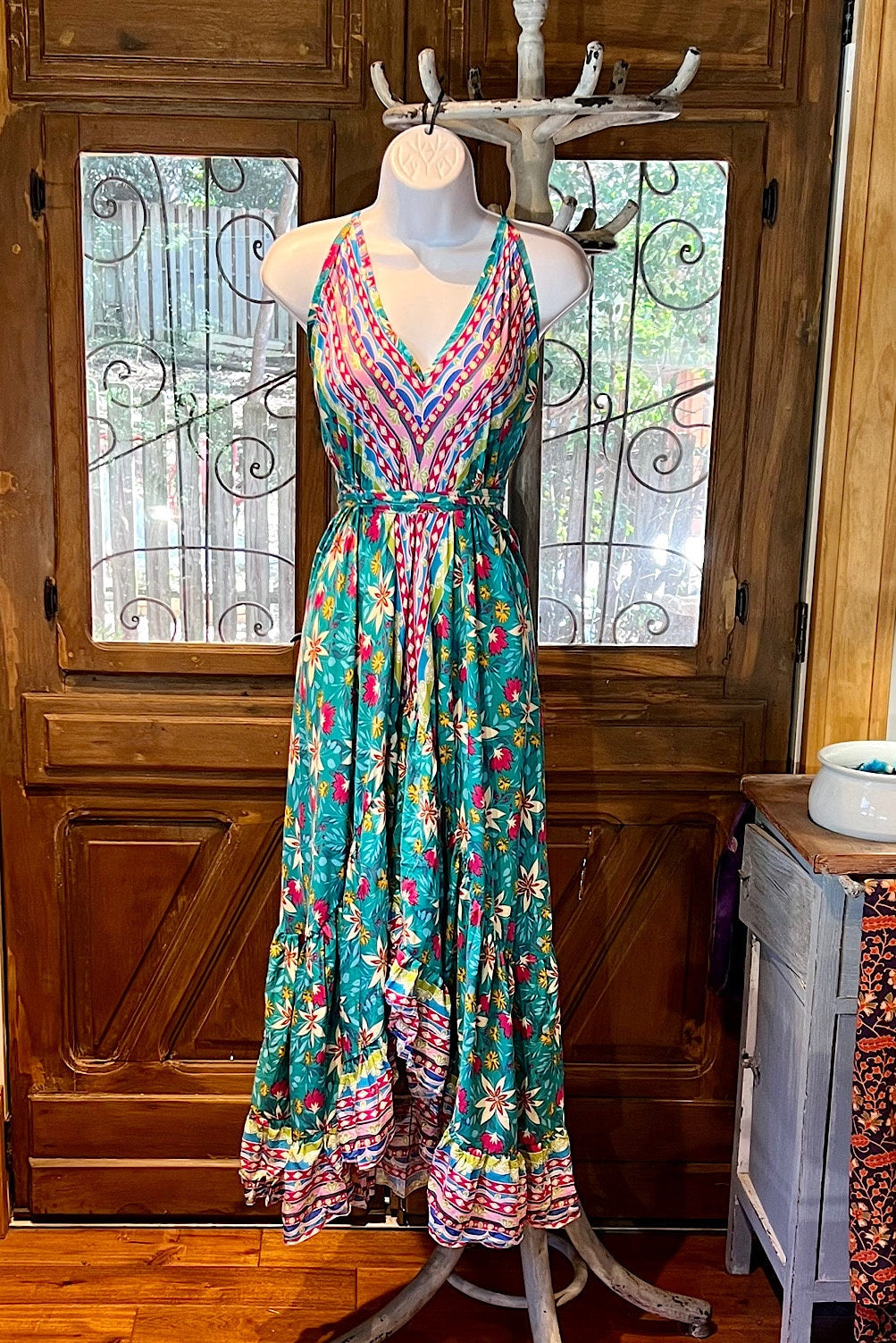 Boho Ruffle Long Dress, Hippie Dress, Open back Dress, Bohemian Festival Ethnic Dress, Boho Chic Dress, Beach Halter Ruffle Gypsy Dress